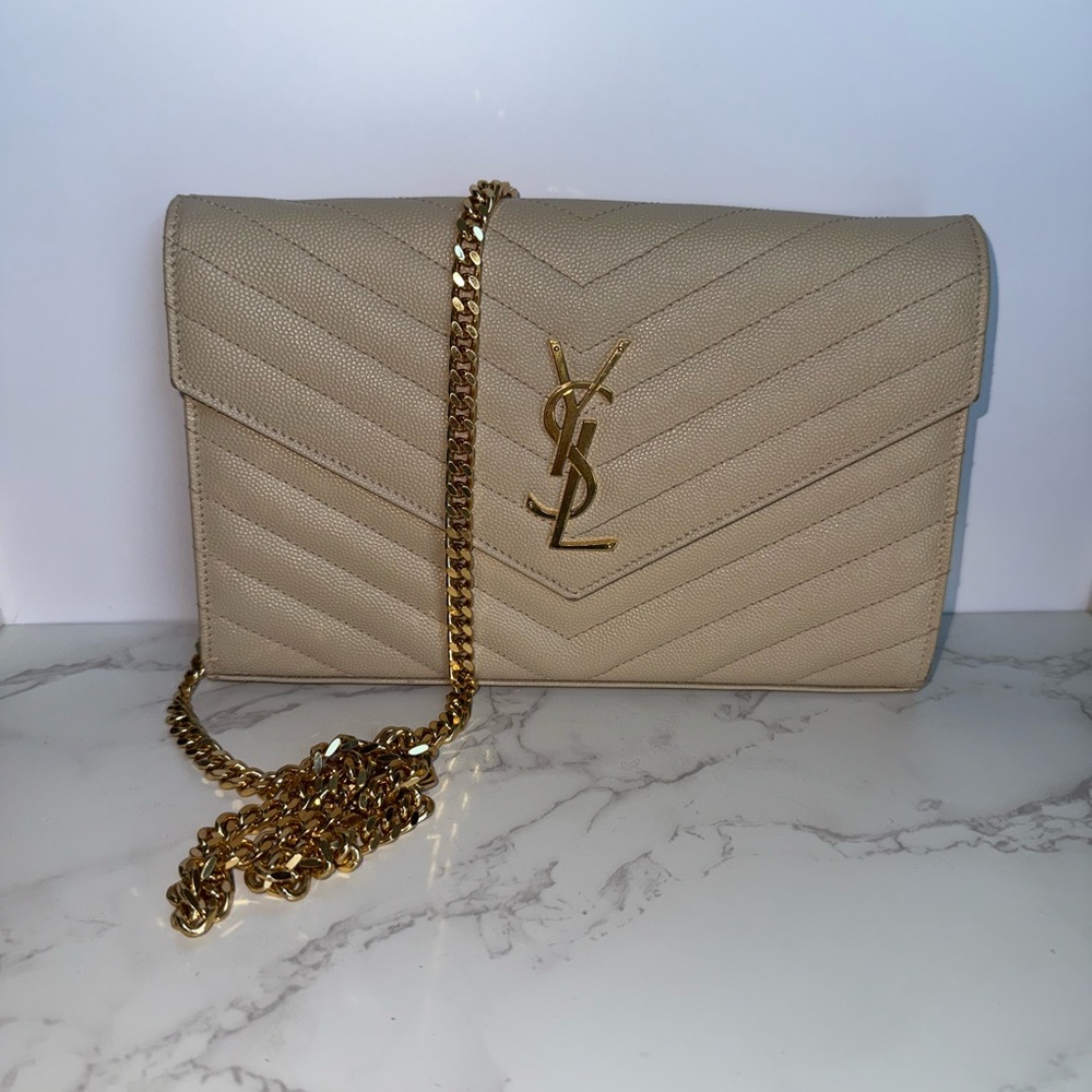 Yves Saint Laurent Cream Quilted Clutch with Gold Chain